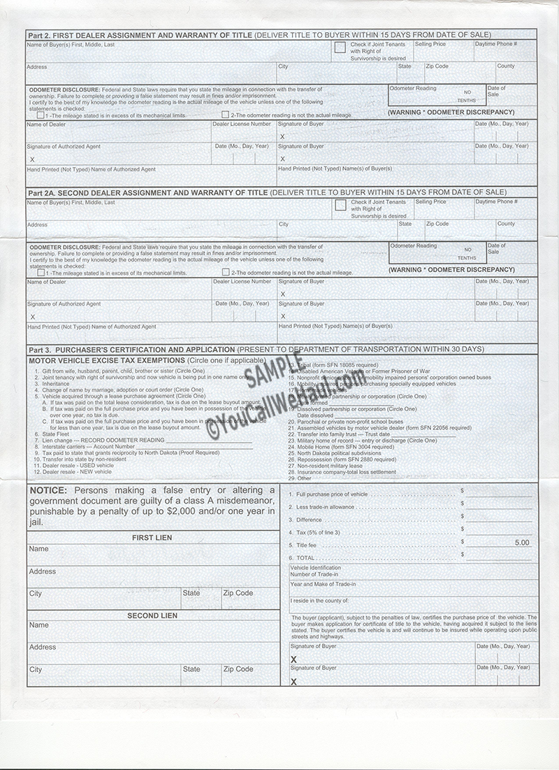 North Dakota Title examples and instructions for filling out your title